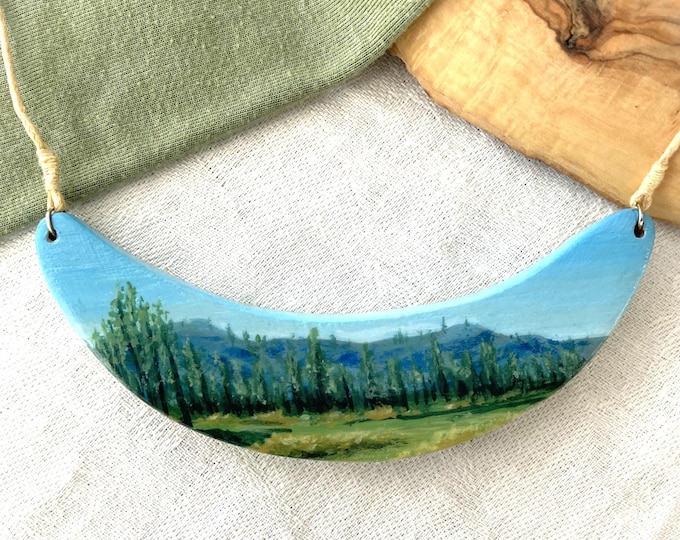 Painted Wooden Pacific Northwest Landscape Bib Necklace