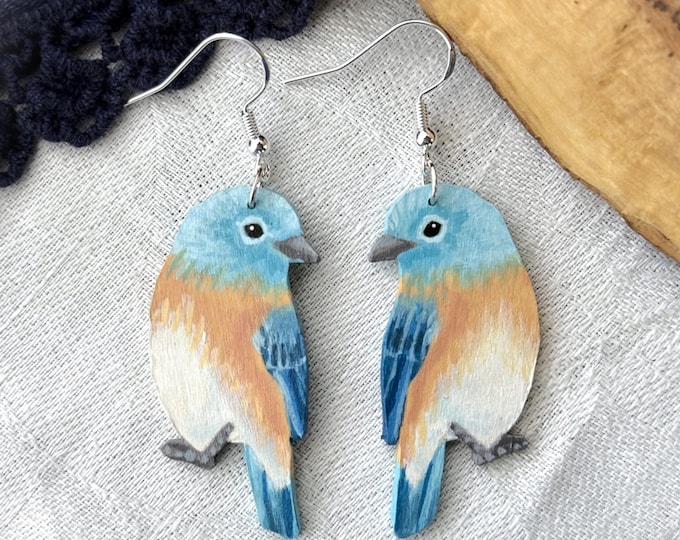 Painted bluebird earrings | Handmade wooden bird earrings | Cute animal jewelry