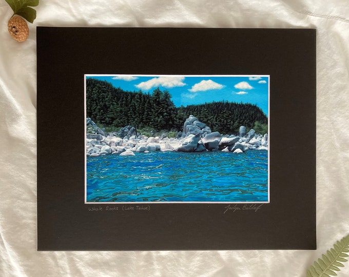 Lake Tahoe Whale Beach Painting Giclee Art Print with Black Matting