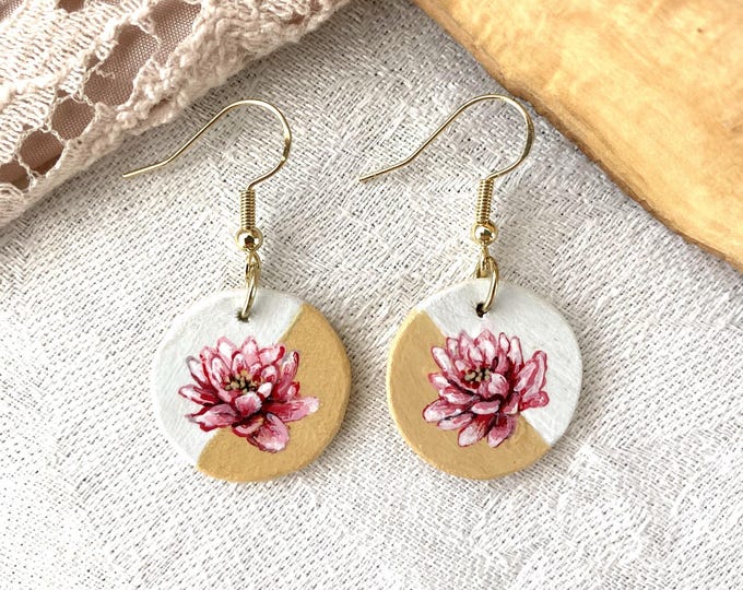 Painted Wooden Circle Dangle Earrings with Pink Water Lilies