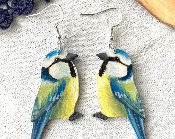 Painted Wooden Blue Tit Bird Dangle Earrings