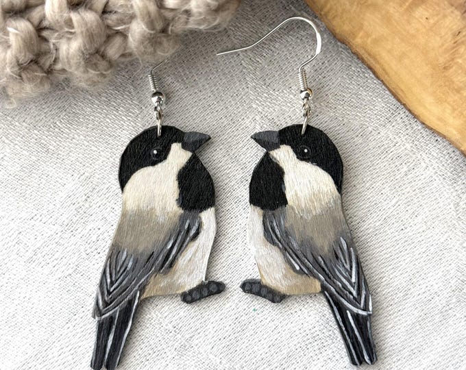 Painted chickadee earrings | Bird painting jewelry | Handmade wood earrings
