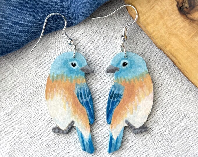 Painted bluebird earrings | Handmade wooden bird earrings | Cute animal jewelry