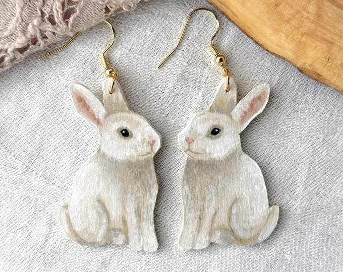 Painted Wooden White Rabbit Dangle Earrings