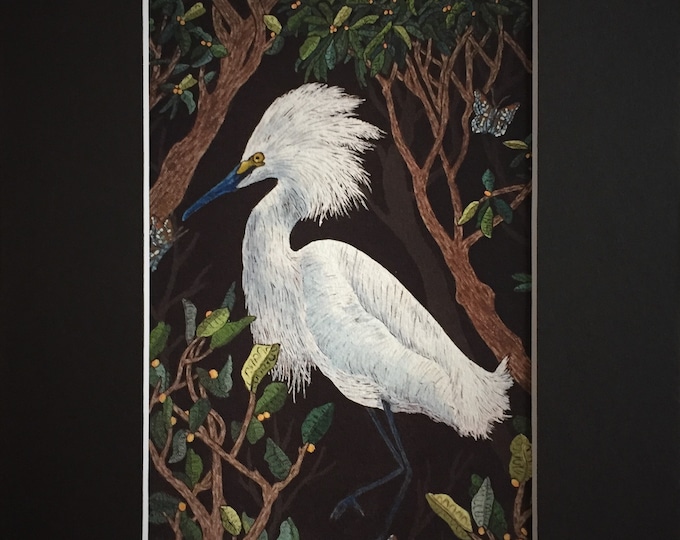 Snowy Egret Painting Giclee Art Print with Optional Black Matting