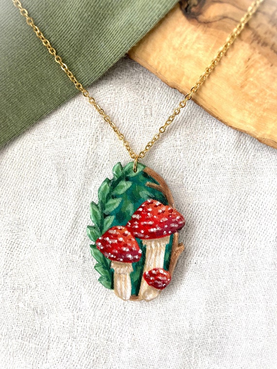 Painted Wooden Redcap Amanita Mushroom Cottagecore Necklace
