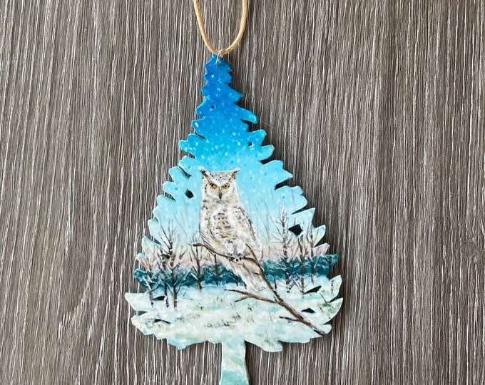 Painted Wooden Pine Tree Shaped Christmas Ornament with Snowy Owl Winter Landscape