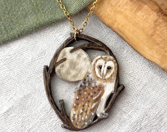 Painted owl necklace | Handmade barn owl gift | Woodland animal pendant