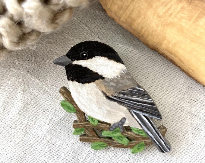 Painted chickadee brooch | Handmade bird pin | Unique jewelry gift