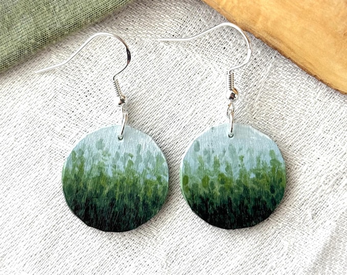 Painted Wooden Circular Foggy Forest Scene Dangle Earrings