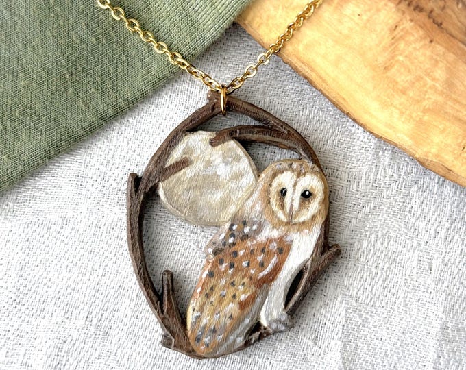 Painted owl necklace | Handmade barn owl gift | Woodland animal pendant
