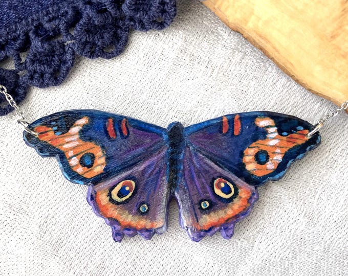 Painted Wooden Large Purple and Orange Moth Necklace