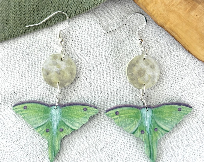 Painted Wooden Luna Moth and Full Moon Dangle Earrings