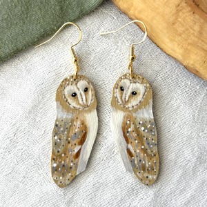 Painted Wooden Barn Owl Dangle Earrings
