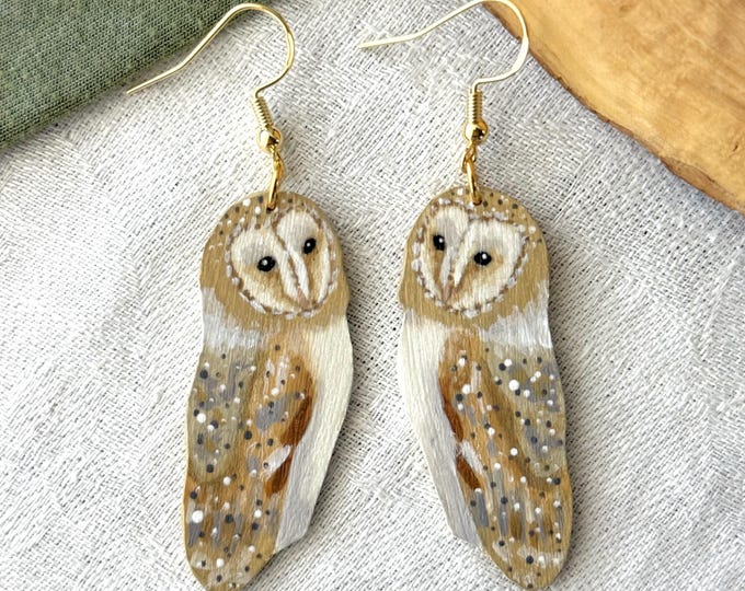 Painted Wooden Barn Owl Dangle Earrings