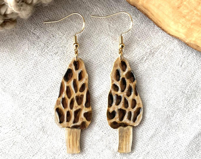 Painted Wooden Morel Mushroom Dangle Earrings