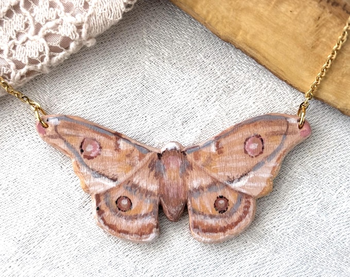 Painted Wooden Pink Emperor Gum Moth Necklace