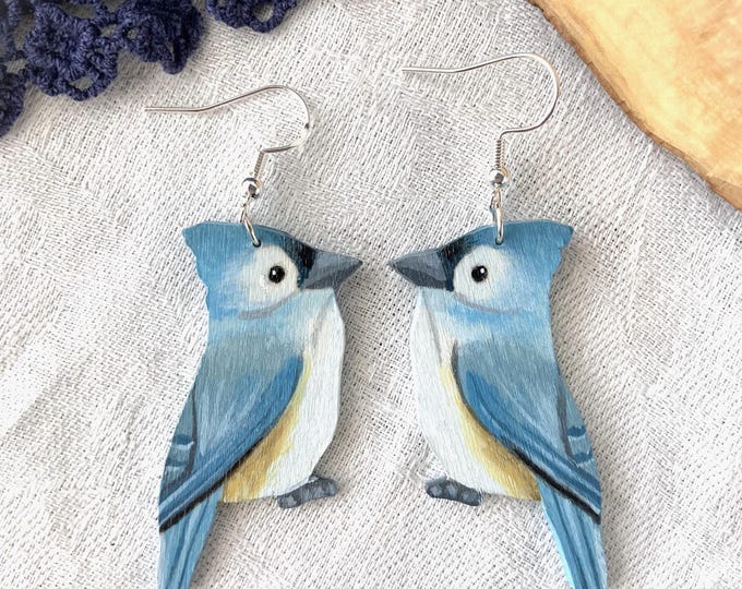 Painted tufted titmouse earrings | Handmade bird jewelry | Cute animal gift
