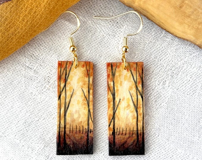 Painted Wooden Rectangular Fall Woods Landscape Dangle Earrings
