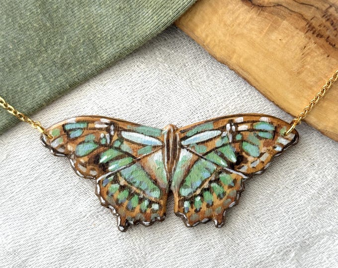 Painted Wooden Large Malachite Butterfly Necklace
