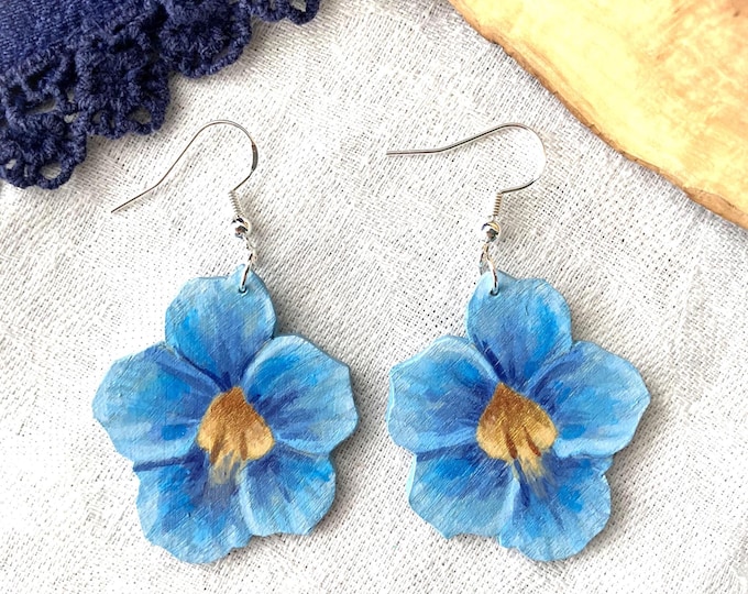 Painted Blue Flower Lightweight Dangle Earrings