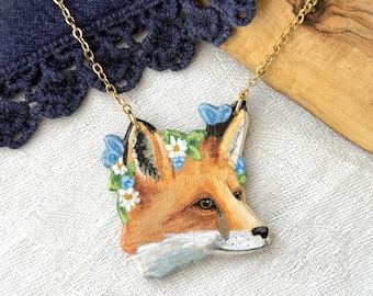Painted Wooden Flower Crowned Fox Cottagecore Necklace