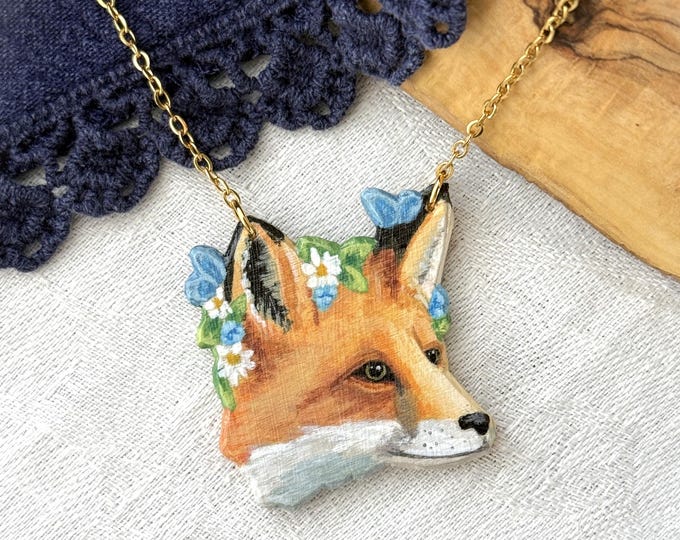 Painted Wooden Flower Crowned Fox Cottagecore Necklace