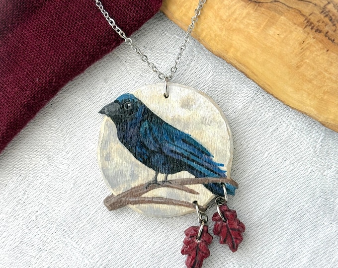 Painted Wooden Raven and Full Moon Pendant Necklace