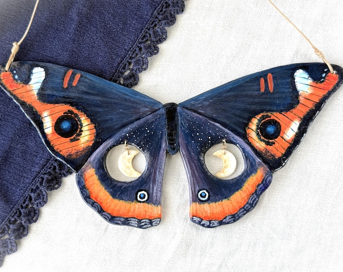 Painted Purple Moth Clay Wall Hanging with Crescent Moons in Wings