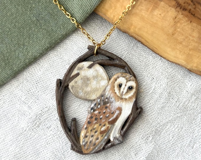 Painted Wooden Barn Owl and Full Moon Necklace