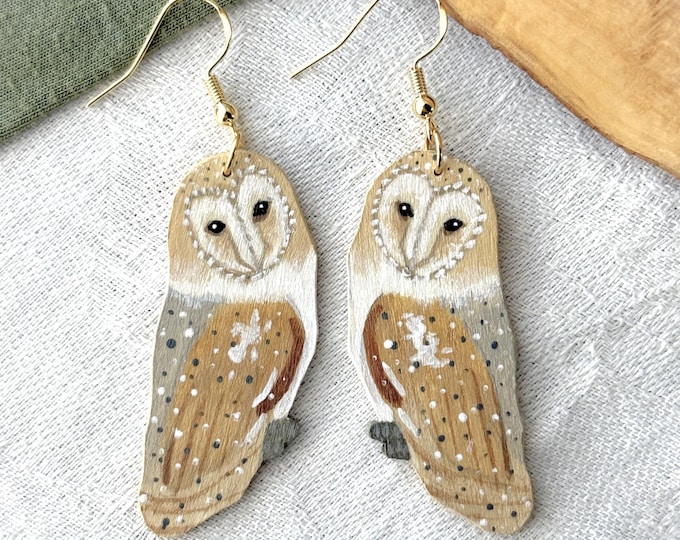 Painted Wooden Barn Owl Dangle Earrings
