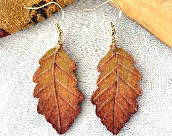 Painted Wooden Autumn Oak Leaf Dangle Earrings