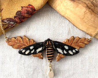 Painted Wooden Witchy Moth & Autumn Oak Leaf Bib Necklace