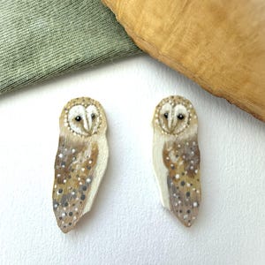 Painted Wooden Barn Owl Stud Earrings