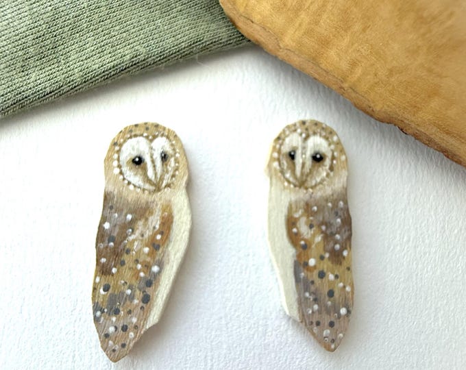 Painted Wooden Barn Owl Stud Earrings