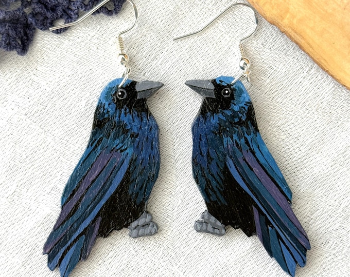 Painted Wooden Raven Lightweight Dangle Earrings