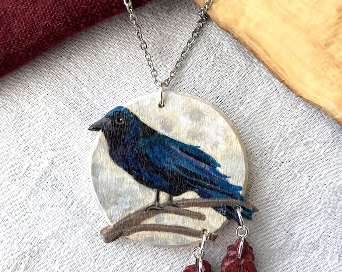 Painted Wooden Raven and Full Moon Pendant Necklace