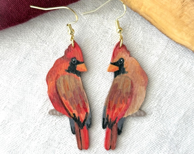 Painted Wooden Mismatched Red Cardinal Dangle Earrings
