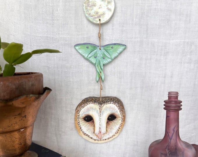 Painted Clay Barn Owl, Luna Moth, and Full Moon Wall Hanging