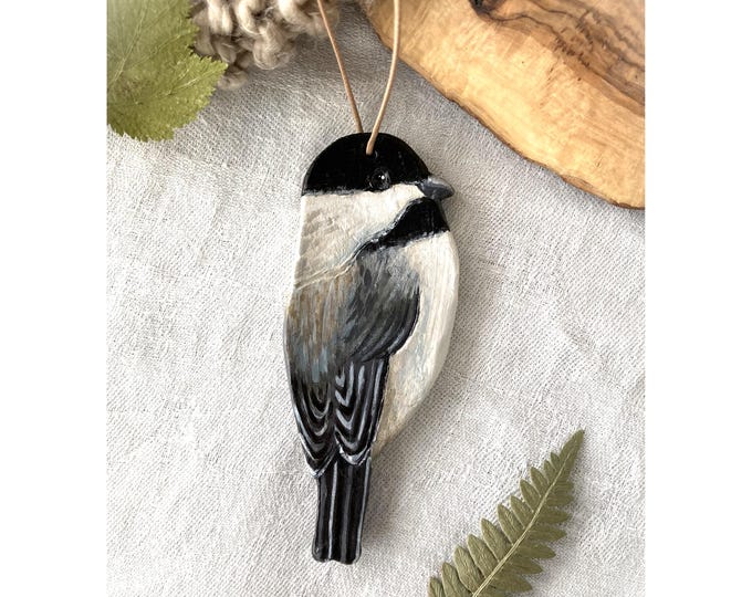 Painted clay chickadee ornament | Handmade holiday décor | Christmas stocking stuffer