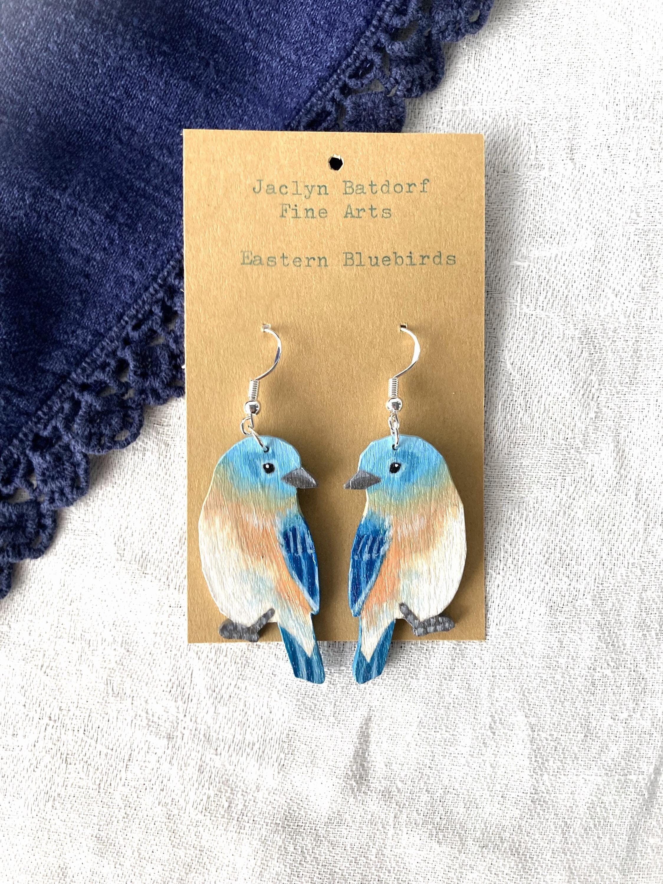 Painted bluebird earrings Handmade wooden bird earrings Cute animal jewelry