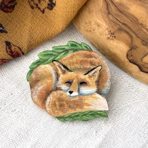 Painted Wooden Sleeping Red Fox Cottagecore Brooch Pin