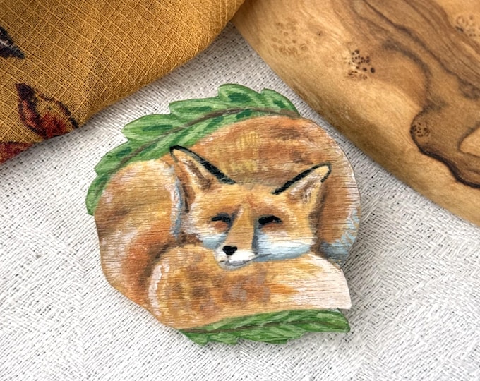 Painted Wooden Sleeping Red Fox Cottagecore Brooch Pin