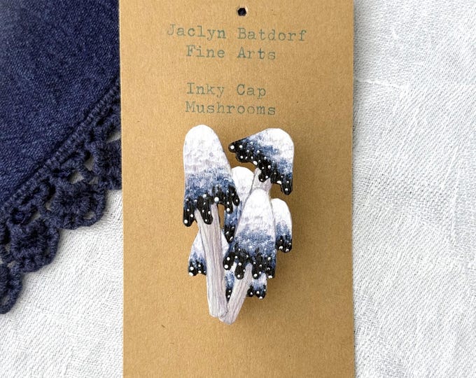 Painted Wooden Inky Cap Mushroom Brooch Pin