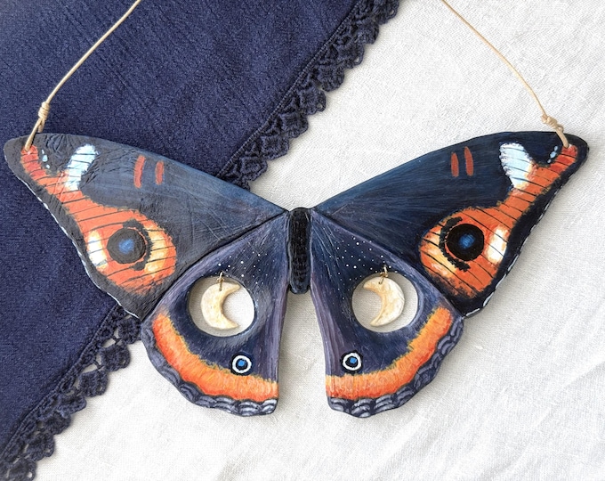 Painted Purple Moth Clay Wall Hanging with Crescent Moons in Wings