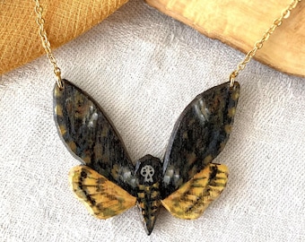 Painted Wooden Deaths Head Hawkmoth Witchy Necklace