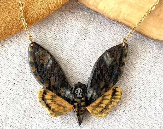 Painted Wooden Deaths Head Hawkmoth Witchy Necklace
