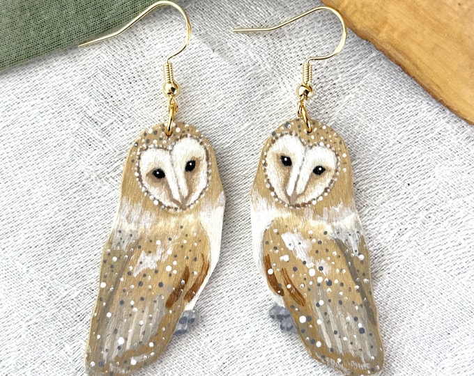 Painted Wooden Barn Owl Dangle Earrings