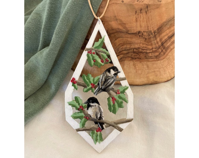 Painted Wooden Chickadees on Holly Branches Christmas Ornament