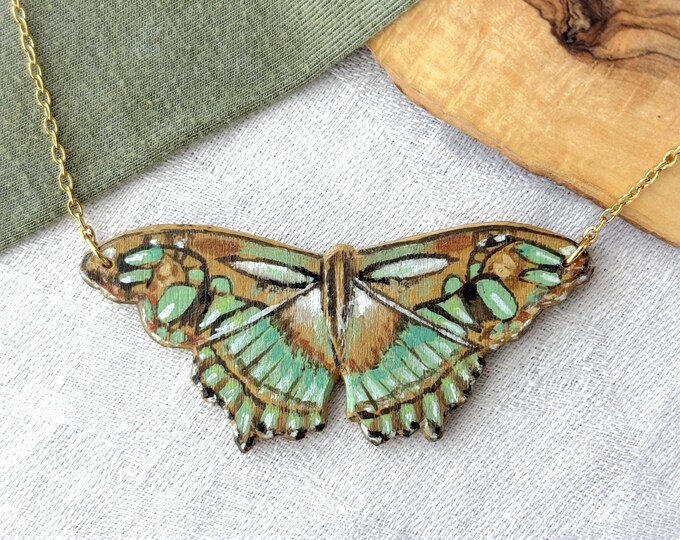 Painted Wooden Large Malachite Butterfly Necklace
